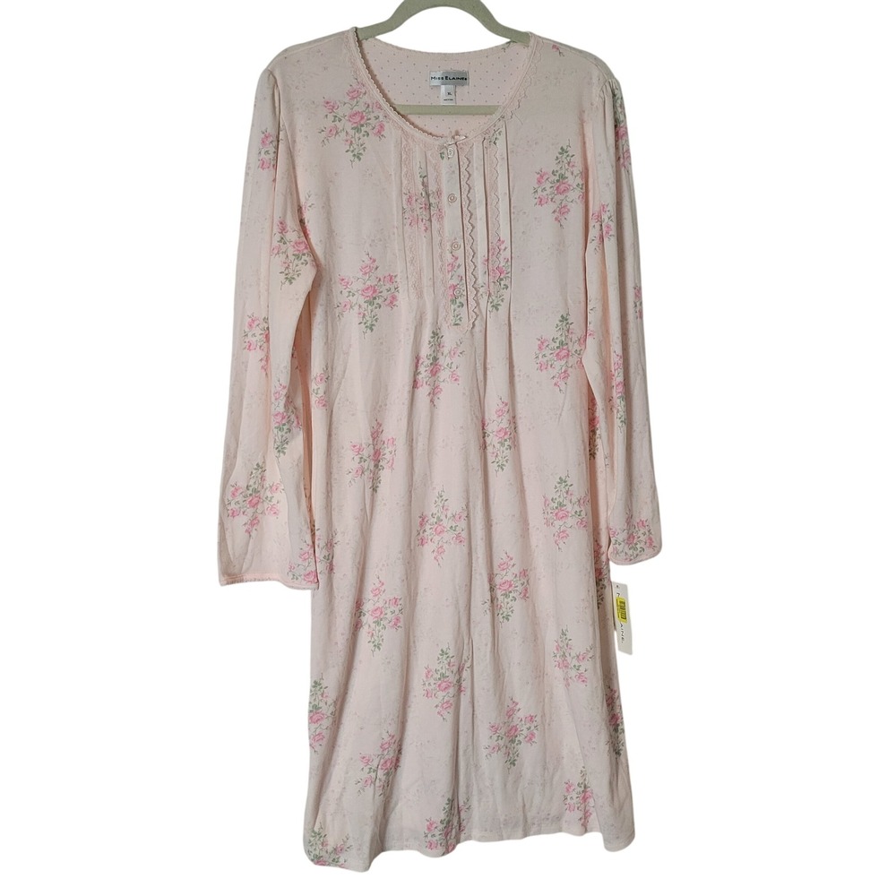 Miss Elaine Pink Floral Lace Trim Henley Flannel Nightgown Size XL Long Sleeve
